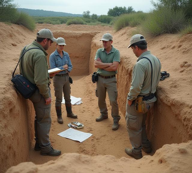 Field archaeologists coordinating expedition logistics at excavation site